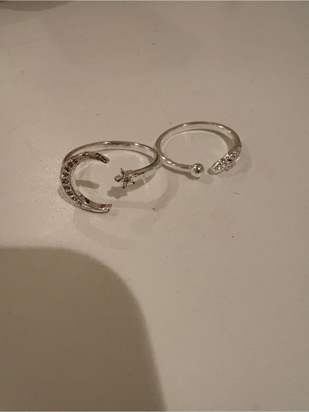 Adjustable Crescent/Star Ring & Feather Ring Set - Silver